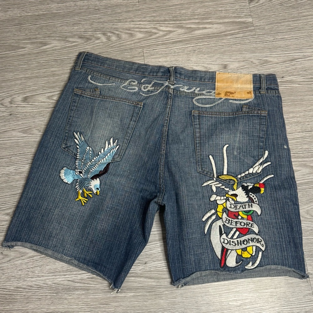 Ed Hardy By Christian Audigier Denim Shorts Mens Size 44 Y2K Baggy Skull